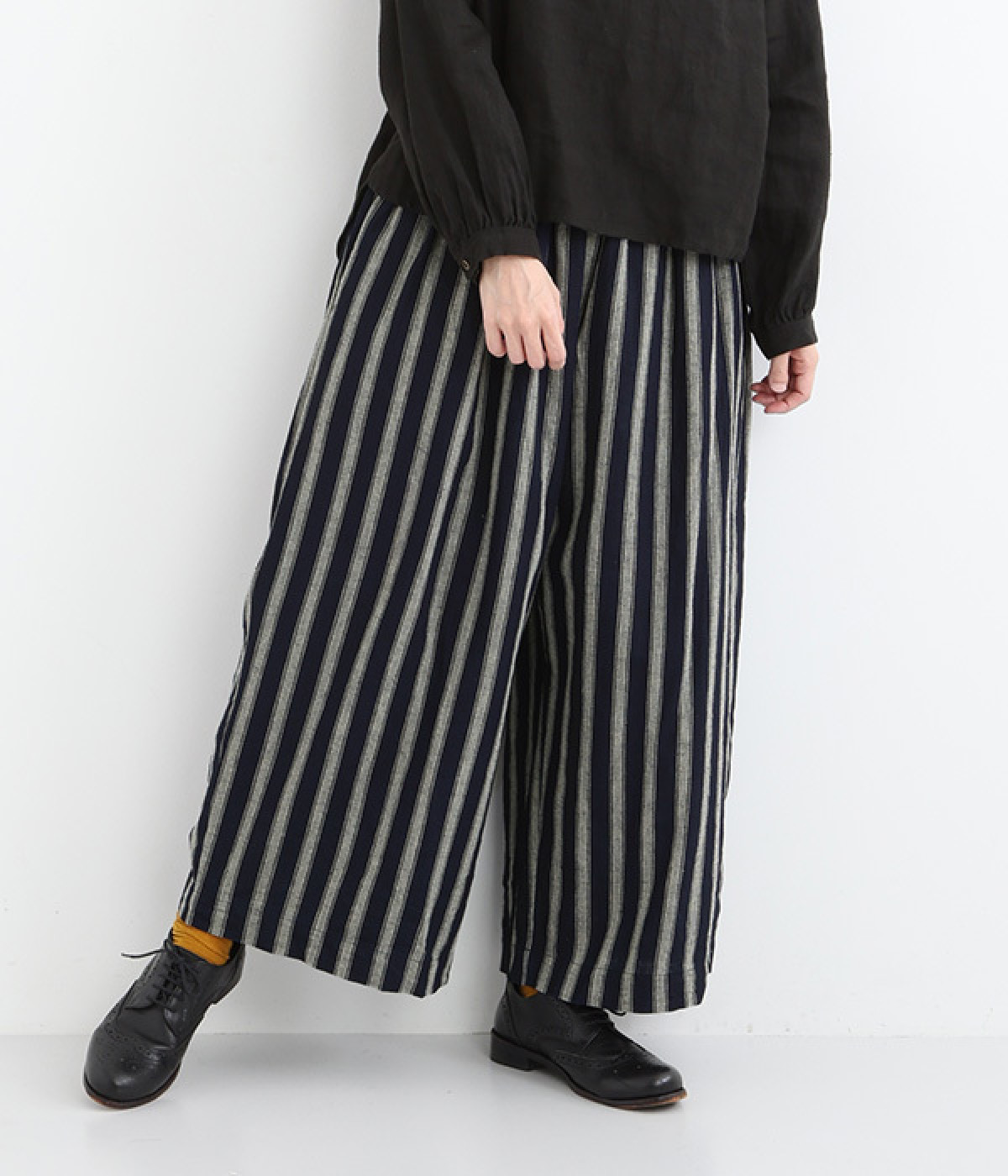 リネンコットンストライプパンツ(インディゴ×ナチュラル-ONESIZE)