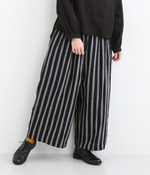 リネンコットンストライプパンツ(インディゴ×ナチュラル-ONESIZE)