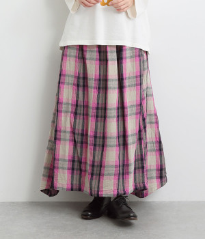 リネンコットンタータンチェックスカート(ピンク-ONESIZE)