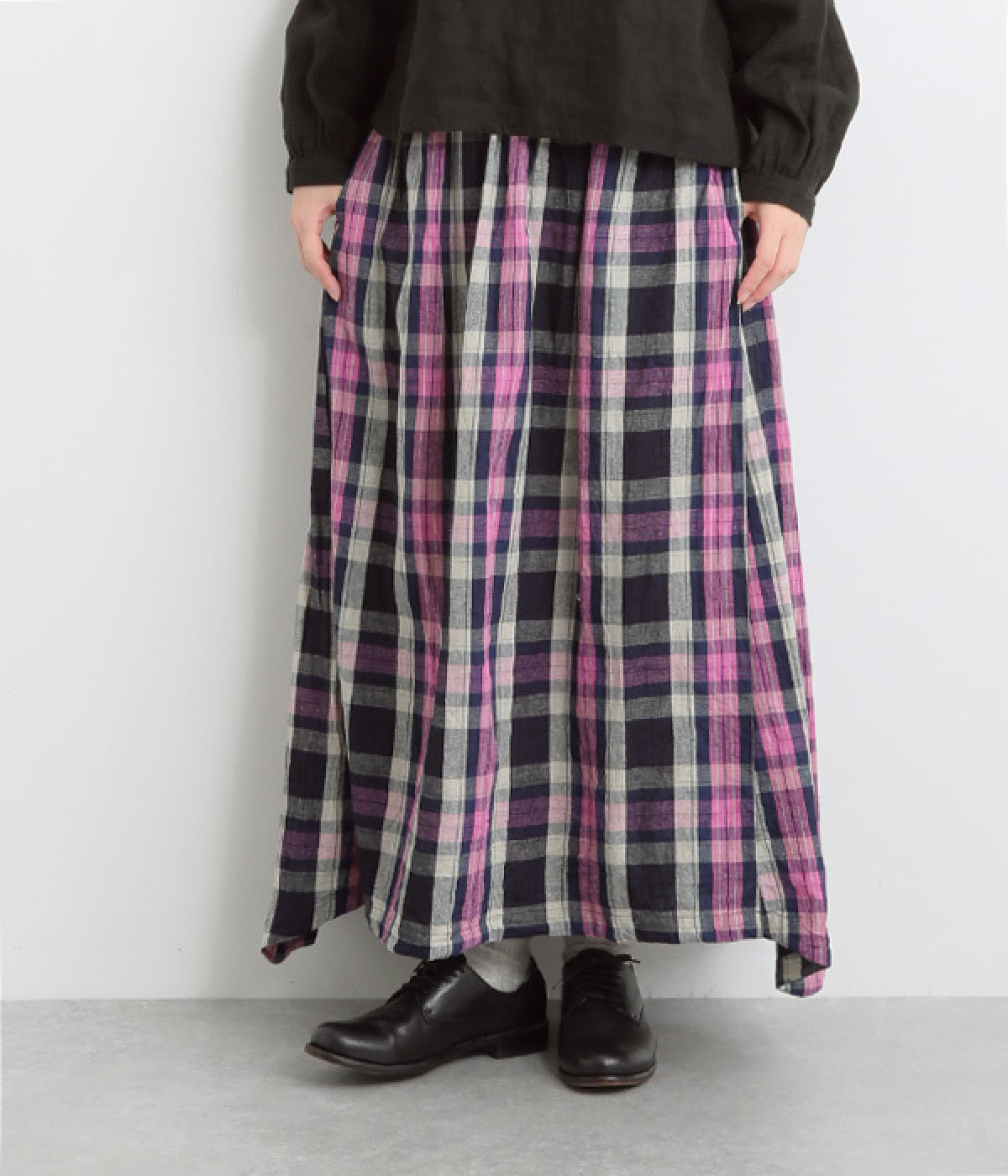 リネンコットンタータンチェックスカート(インディゴ-ONESIZE)