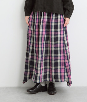 リネンコットンタータンチェックスカート(インディゴ-ONESIZE)