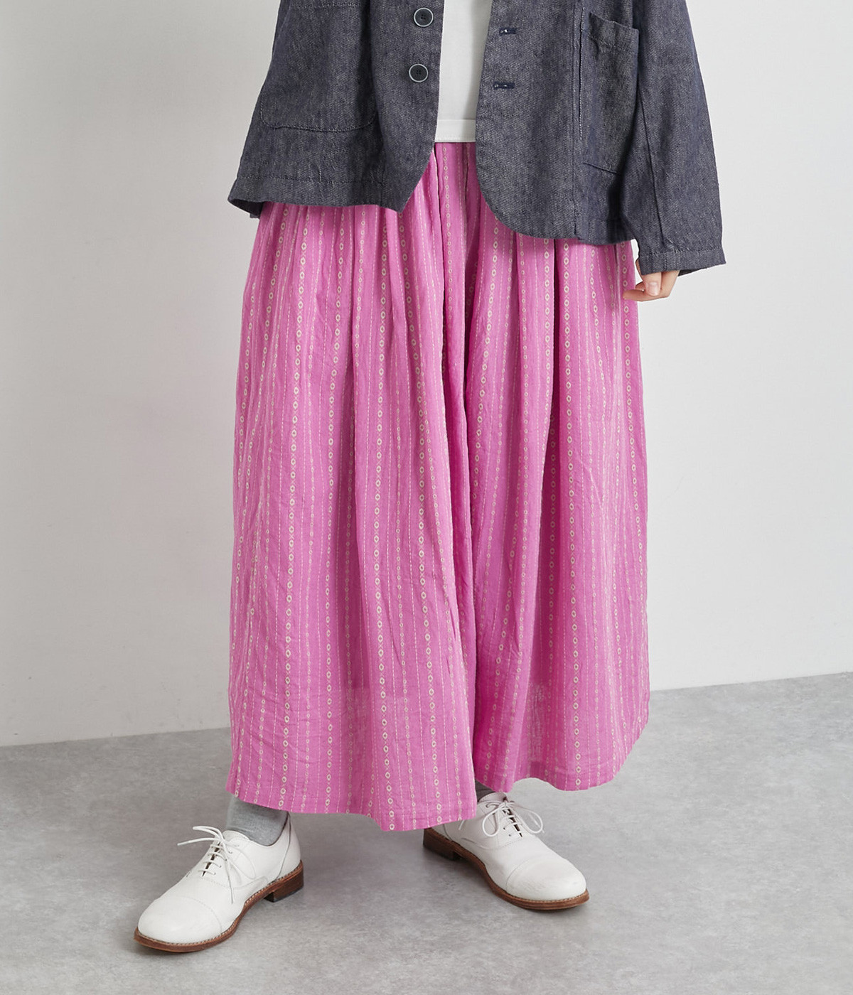 リネンコットンドビーストライプスカート(ピンク×ナチュラル-ONESIZE)