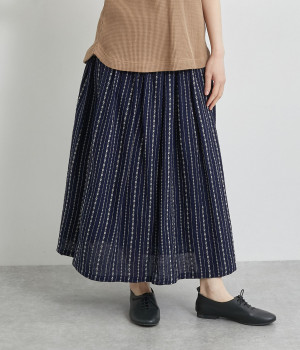 リネンコットンドビーストライプスカート(インディゴ×ナチュラル-ONESIZE)