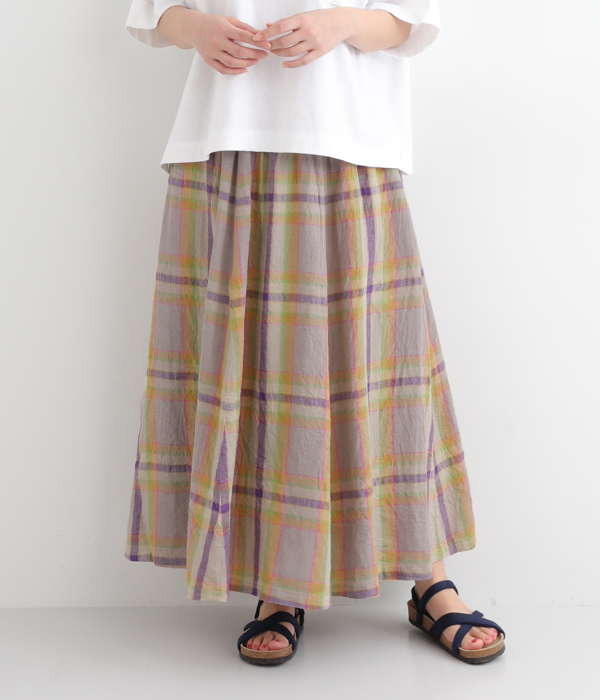 コットンリネンチェックスカート(ベージュ-ONESIZE)