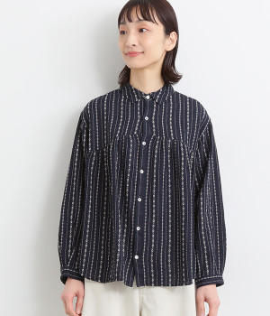 リネンコットンドビーストライプシャツ(インディゴ×ナチュラル-ONESIZE)