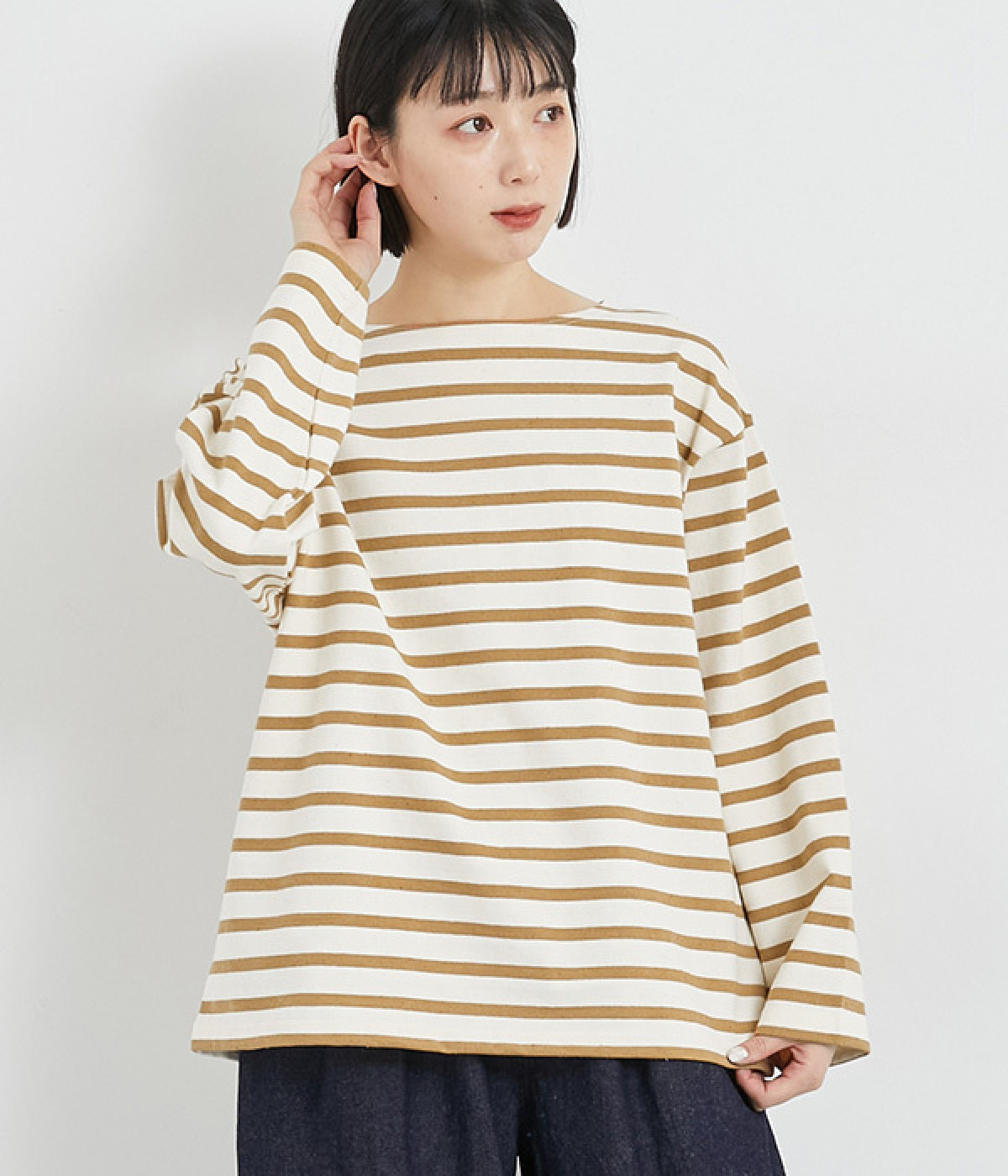 【UNDYED】コットンボーダープルオーバー(ナチュラル×キャメル-ONESIZE)