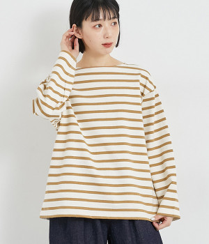 【UNDYED】コットンボーダープルオーバー(ナチュラル×キャメル-ONESIZE)