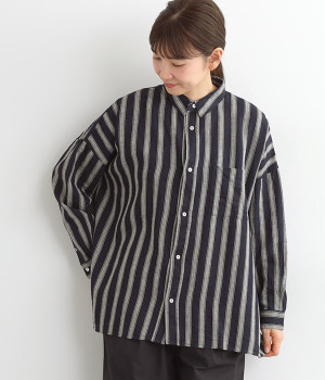 リネンコットンストライプシャツ(インディゴ×ナチュラル-ONESIZE)