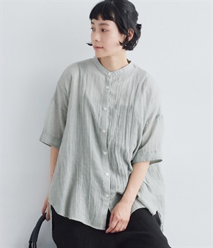 コットン混バンドカラー後ろギャザーシャツ(ブルーグレー-ONESIZE)