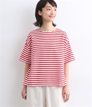 コットンボーダーボートネックプルオーバー(ホワイト×レッド-ONESIZE)