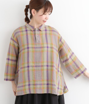 コットンリネンチェックシャツ(ベージュ-ONESIZE)