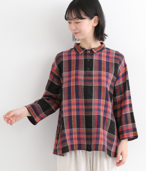 コットンリネンチェックシャツ(ブラック-ONESIZE)