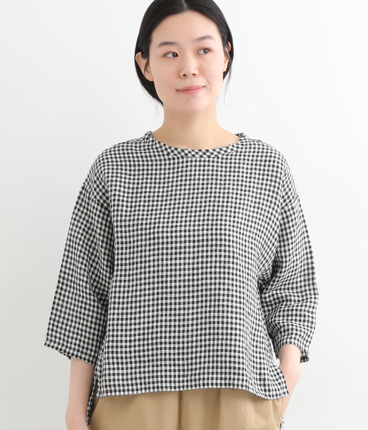 リネンギンガムチェックプルオーバー(ホワイト×ブラック-ONESIZE)