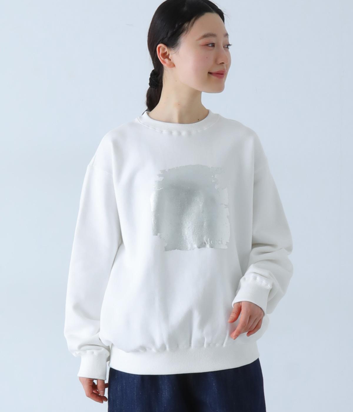 コットン箔プリントプルオーバー(ホワイト×シルバー「Merci」-F)