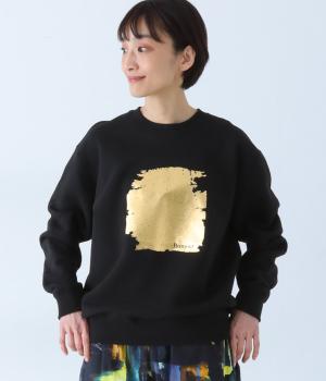 コットン箔プリントプルオーバー(ブラック×ゴールド「Bonjour」-F)