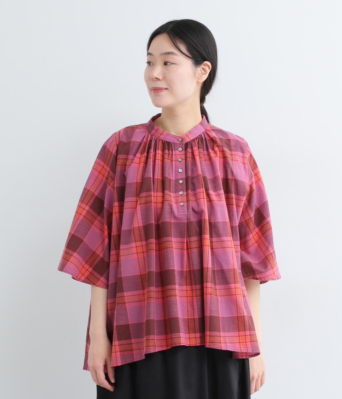 マドラスチェック　バックシャーリングブラウス(ピンク-F)