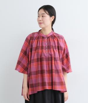 マドラスチェック　バックシャーリングブラウス(ピンク-F)