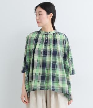 マドラスチェック　バックシャーリングブラウス(グリーン-F)
