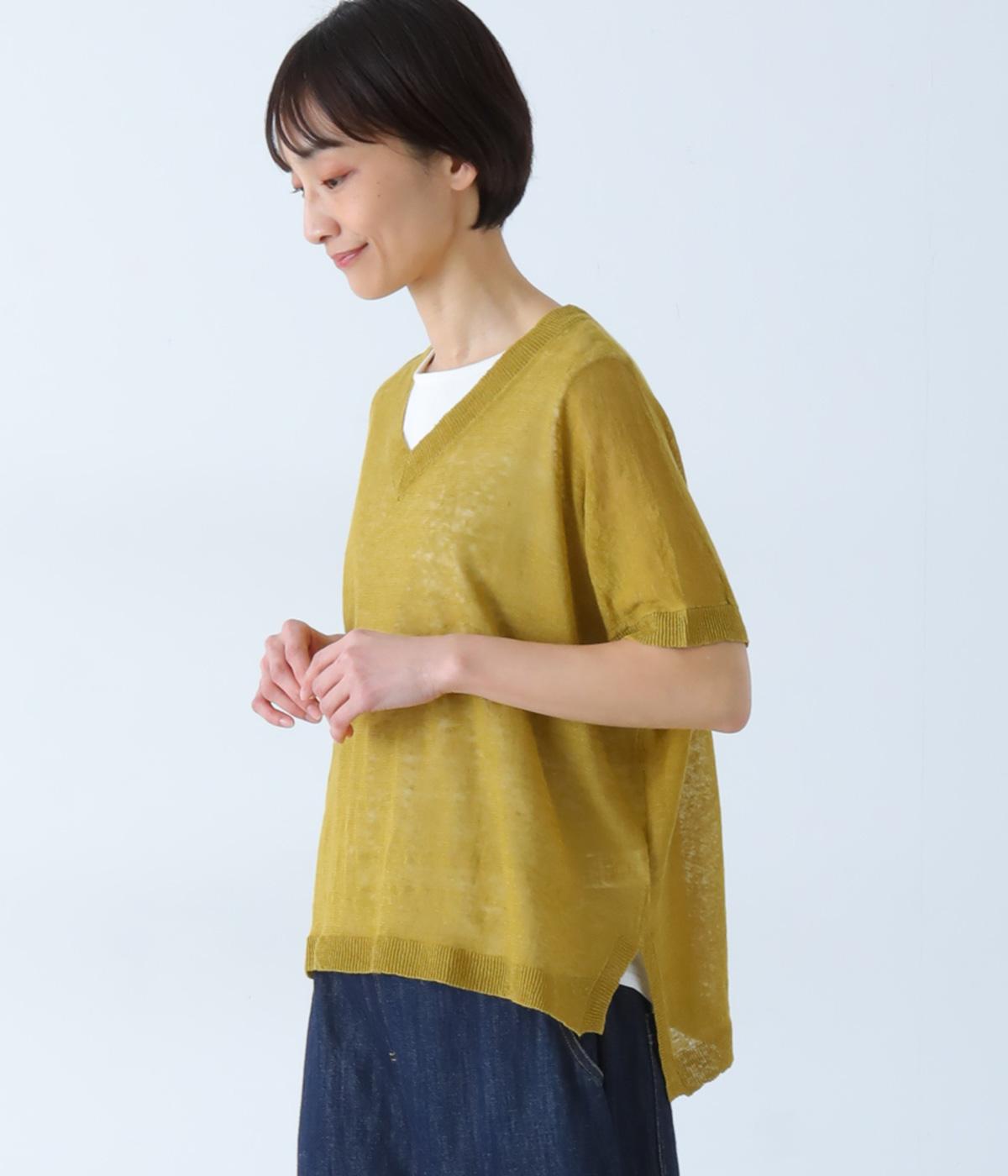 リネン100　Ｖネックニットワイドベスト(マスタード-F)