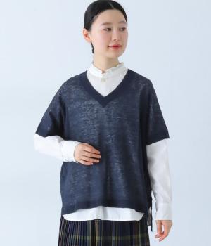リネン100　Ｖネックニットワイドベスト(ネイビー-F)