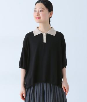 コットンニット　配色ポロシャツ(ブラック×グレージュ-F)