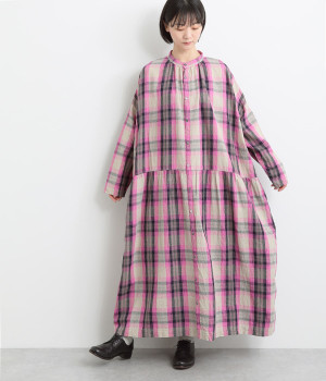 リネンコットンタータンチェックウエスト切り替えギャザーワンピース(ピンク-ONESIZE)