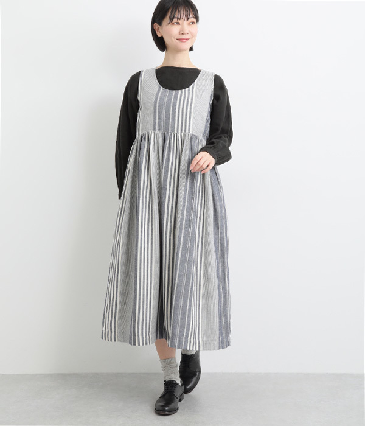 コットンリネンインディアンランダムストライプワンピース(ネイビー-ONESIZE)