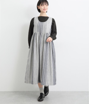 コットンリネンインディアンランダムストライプワンピース(ネイビー-ONESIZE)