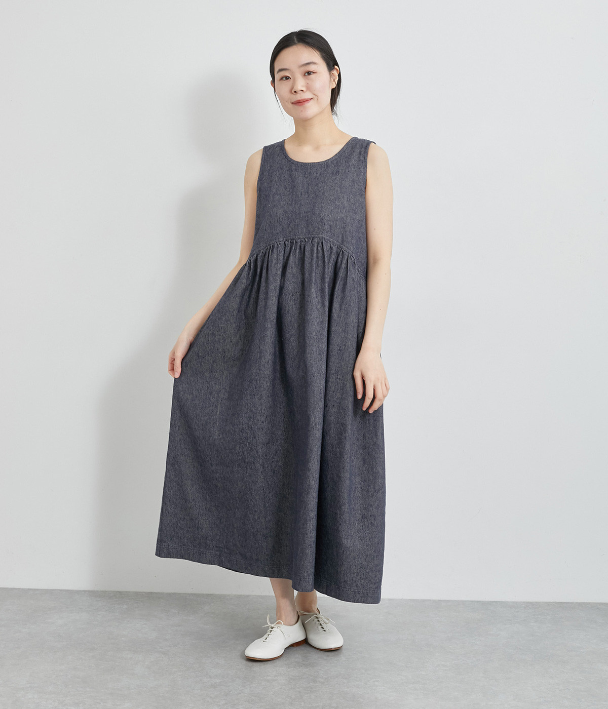 リネンコットンデニムワンピース(ネイビー-ONESIZE)