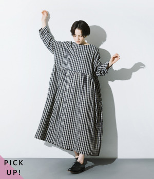 リネンコットンギンガムウエスト切り替えギャザーワンピース｜ICHI