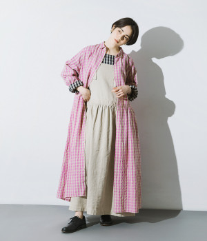 リネンコットンギンガムシャツワンピース(ピンク×ナチュラル-ONESIZE)