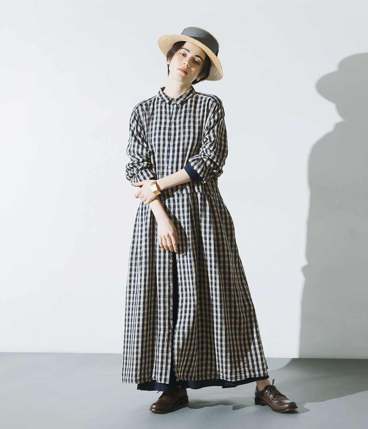 リネンコットンギンガムシャツワンピース(インディゴ×ナチュラル-ONESIZE)