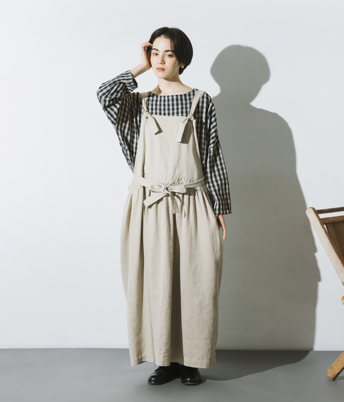 リネンコットンデニムエプロンワンピース(ナチュラル-ONESIZE)