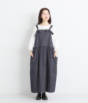リネンコットンデニムエプロンワンピース(ネイビー-ONESIZE)