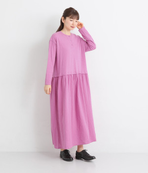 コットンファブリックヘンリーネックワンピース(ピンク/ピンク-ONESIZE)