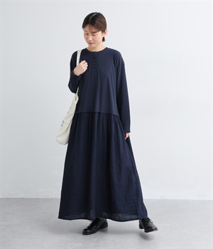 コットンファブリックヘンリーネックワンピース(ネイビー/インディゴ-ONESIZE)