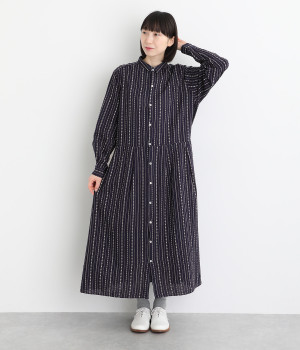 リネンコットンドビーストライプシャツワンピース(ナチュラル×インディゴ-ONESIZE)