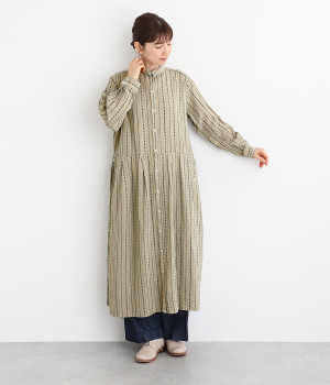 リネンコットンドビーストライプシャツワンピース(インディゴ×ナチュラル-ONESIZE)