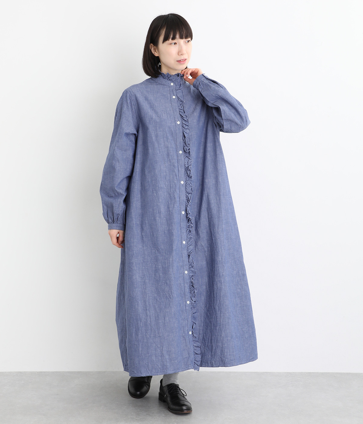 コットンリネンシャツワンピース(ブルー-ONESIZE)