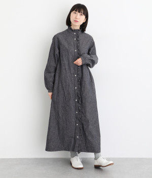 コットンリネンシャツワンピース(ネイビー-ONESIZE)