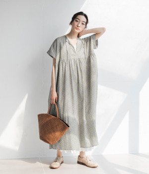 コットンフラワー柄ギャザー切替ワンピース(グレー-ONESIZE)