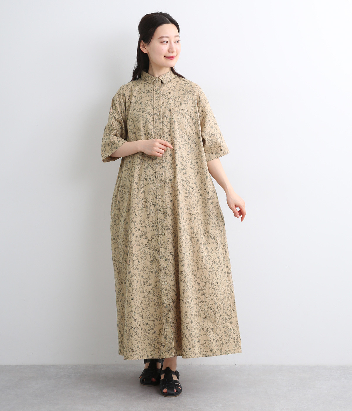 コットンリネンフラワーワンピース(ベージュ-ONESIZE)