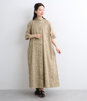 コットンリネンフラワーワンピース(ベージュ-ONESIZE)