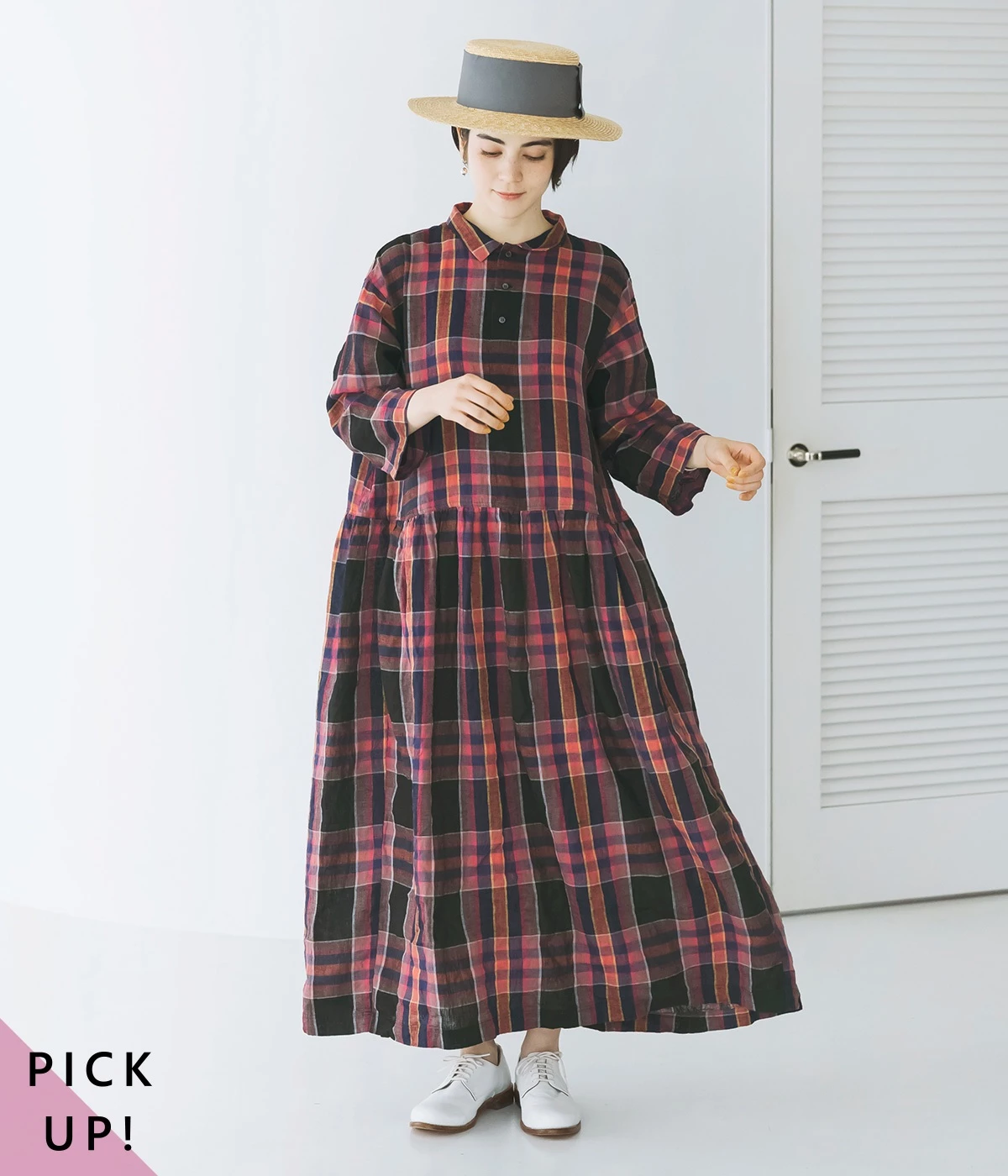 コットンリネンチェックワンピース(ブラック-ONESIZE)