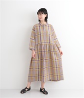 コットンリネンチェックワンピース(ベージュ-ONESIZE)