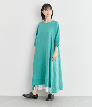 カラーリネンワンピース(ターコイズ-ONESIZE)