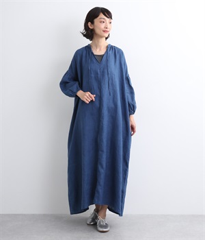 リネンナチュラル手染めインディゴワンピース(ダークインディゴ-ONESIZE)