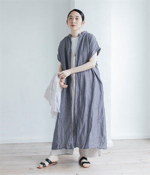 リネンダンガリーワンピース(ブルー-ONESIZE)