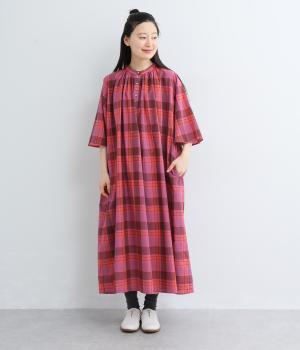 マドラスチェック　バックシャーリングワンピース(ピンク-F)