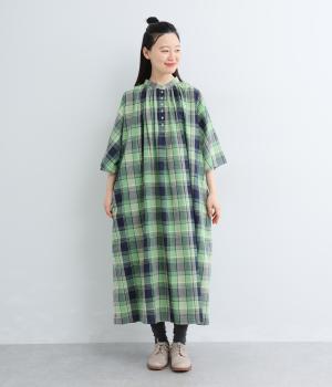 マドラスチェック　バックシャーリングワンピース(グリーン-F)